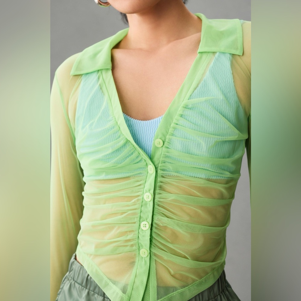 Sheer Lime Green Ruched Button-Up Top